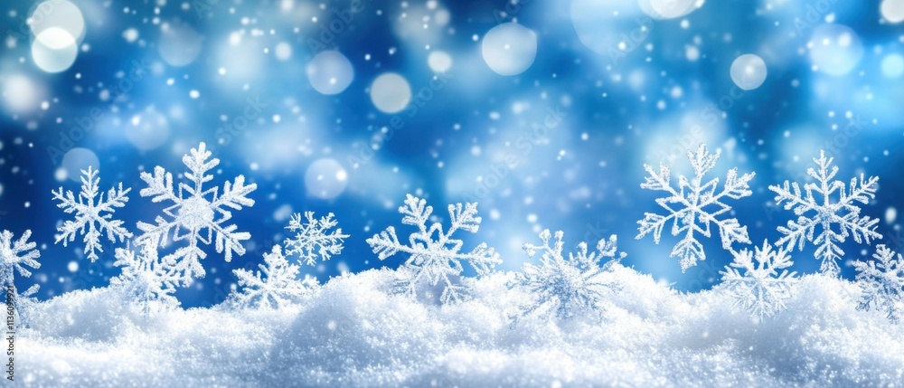 Obraz premium Sparkling Winter Wonderland: Snowflakes on Fresh Snow with Blue Bokeh Background