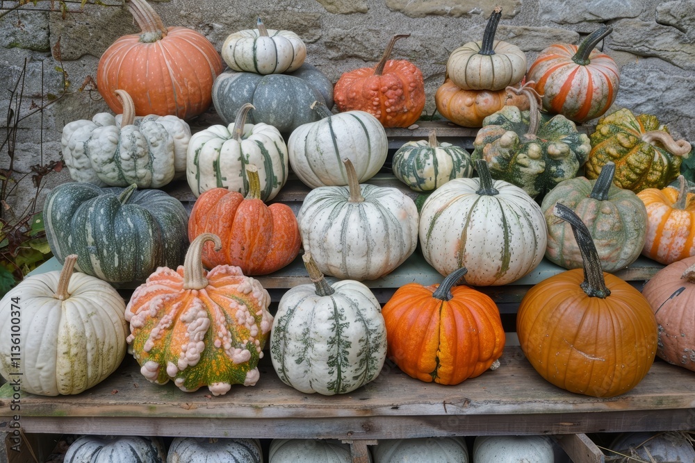A selection of gourds ready for carving in the fall, A festive display of pumpkins ready for carving A selection of gourds ready for carving in the fall, A festive display of pumpkins ready for carving