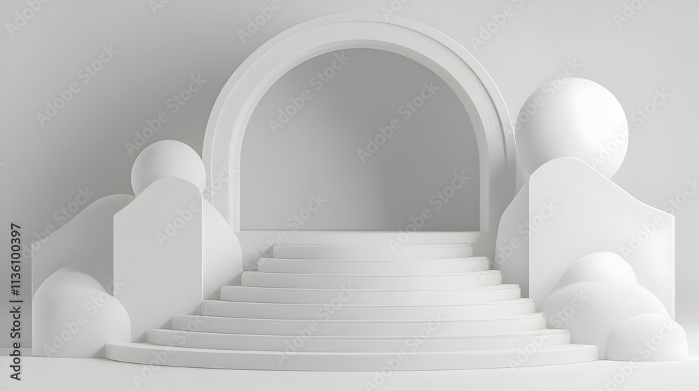 Minimalist white archway with steps and abstract shapes. Minimalist white archway with steps and abstract shapes.