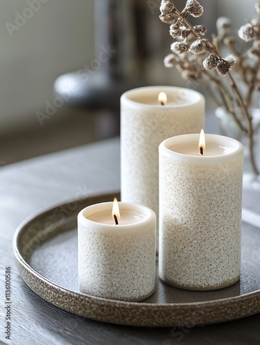 Cozy Decorative Candles in Tray Illuminating a Minimalist Interior Setting : Generative AI