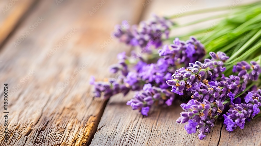 Fototapeta premium Lavender Flowers on Rustic Wooden Table Creating a Tranquil Aromatic Setting : Generative AI