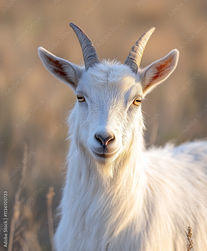 Majestic White Goat in Golden Sunset Light in Natural Habitat : Generative AI Majestic White Goat in Golden Sunset Light in Natural Habitat : Generative AI