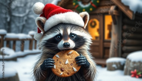 Raccoon with a Santa Hat Holding a Christmas Cookie in Front of a Snowy Cabin. Free Christmas Background. Chrismas Wallpaper. Cool Wallpaper 4k