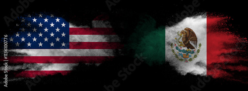 Fotografía United States of America, USA vs Mexico, Mexican background abstract concept peace smokes flags