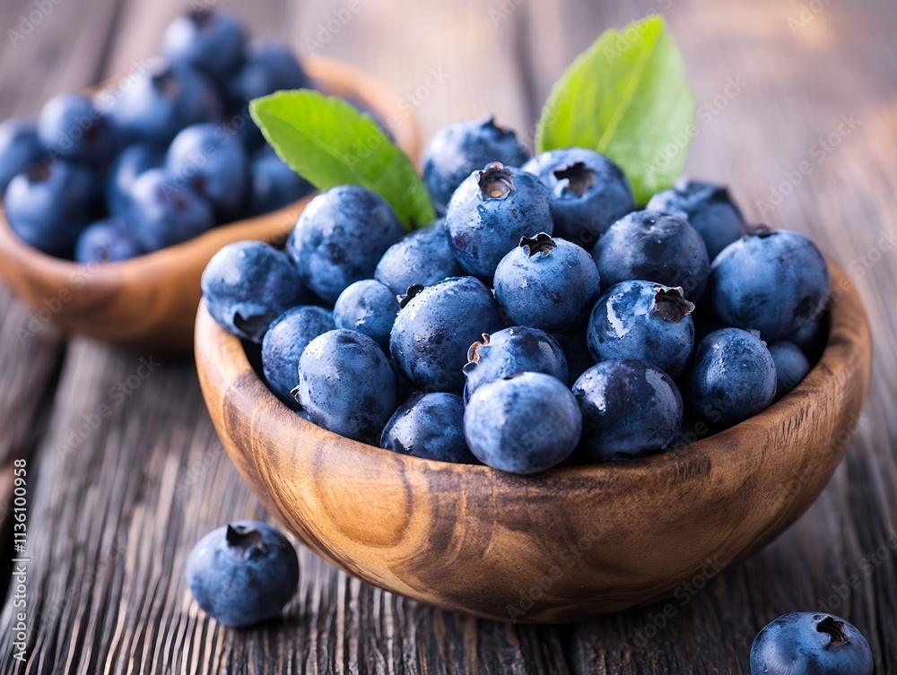 Fresh Ripe Blueberries in Wooden Bowls on Rustic Table with Green Leaves : Generative AI Fresh Ripe Blueberries in Wooden Bowls on Rustic Table with Green Leaves : Generative AI