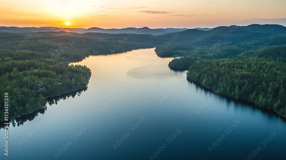 Fototapeta premium Serene aerial view of a sweeping forested landscape and lake at sunrise : Generative AI