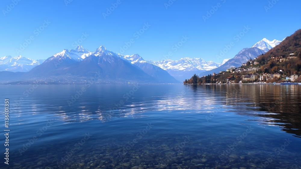 Obraz premium Serene Swiss Alpine Lake with Snowcapped Mountains and Clear Blue Sky Panoramic View : Generative AI