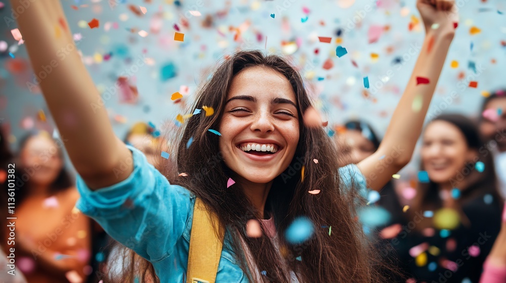 Obraz premium Joyful Young Woman Celebrating with Colorful Confetti in a Festive Crowd : Generative AI