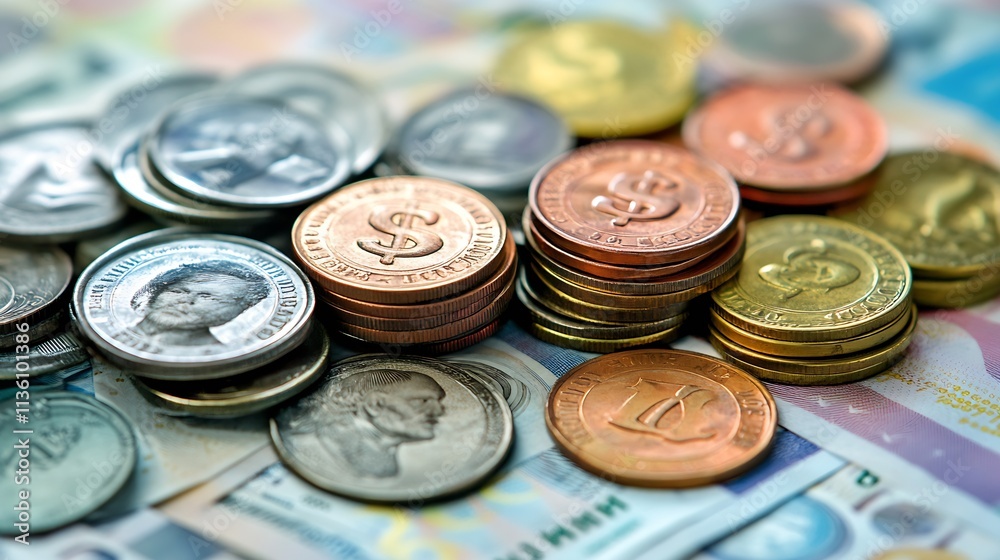 Closeup of Mixed Coins and Banknotes Demonstrating Monetary Variety and World Economy : Generative AI Closeup of Mixed Coins and Banknotes Demonstrating Monetary Variety and World Economy : Generative AI
