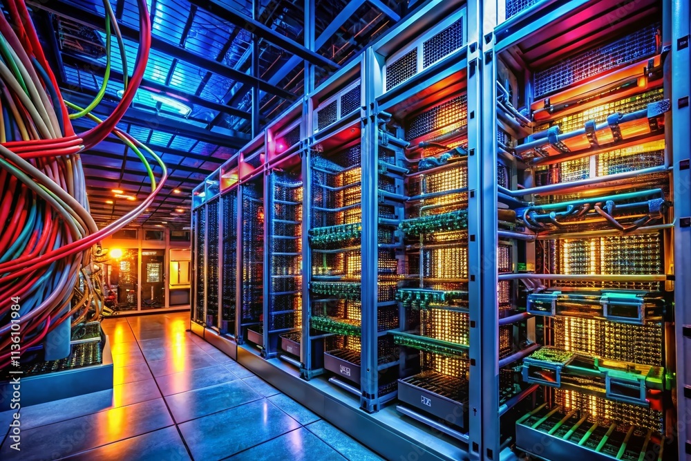 Fototapeta premium Detailed View of a Server Rack with Cables and Servers in an Urban Exploration Setting, Showcasing the Complexity and Technology Behind Data Centers and IT Infrastructure
