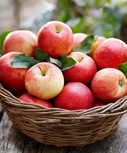 Fresh Red Apples in a Wicker Basket on Rustic Wooden Table : Generative AI