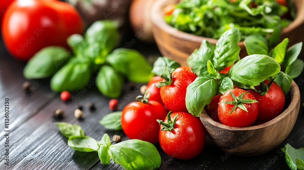 Fresh Red Tomatoes and Fragrant Basil in Rustic Wooden Bowls on Dark Rustic Kitchen Surface : Generative AI Fresh Red Tomatoes and Fragrant Basil in Rustic Wooden Bowls on Dark Rustic Kitchen Surface : Generative AI