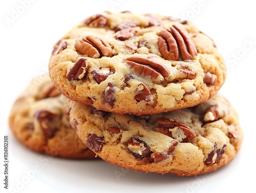 Delicious Pecan and Chocolate Chip Cookies Stacked High photo