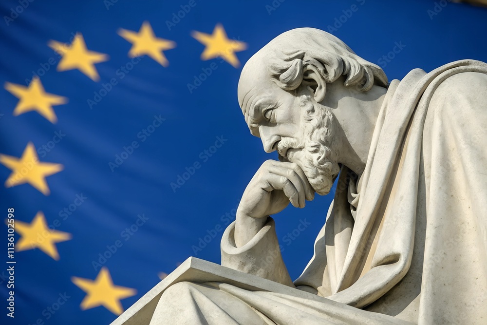 Obraz premium A contemplative marble statue of a man against the European Union flag, representing unity, culture, and philosophical inquiry.