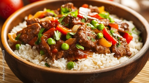 Flavorful Beef Stir Fry with Colorful Bell Peppers and Peas Served Over Steamed Rice : Generative AI