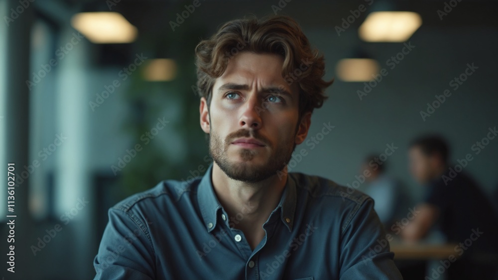 Obraz premium Young sad man in office, having problem