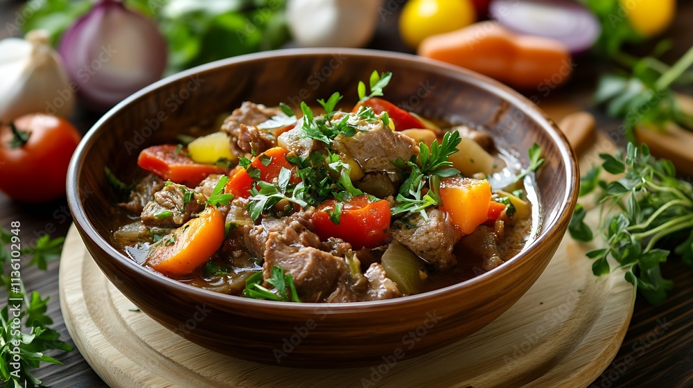 Savory Beef and Vegetable Stew in Wooden Bowl with Fresh Herbs on Rustic Tabletop : Generative AI Savory Beef and Vegetable Stew in Wooden Bowl with Fresh Herbs on Rustic Tabletop : Generative AI