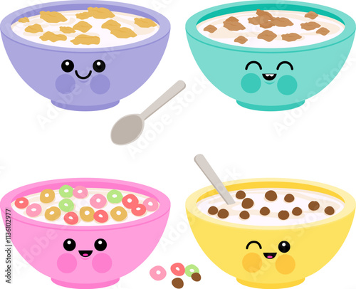 Cute bowls of breakfast cereal. Cereal breakfast bowl set characters, cornflakes with milk, chocolate. Vector illustration