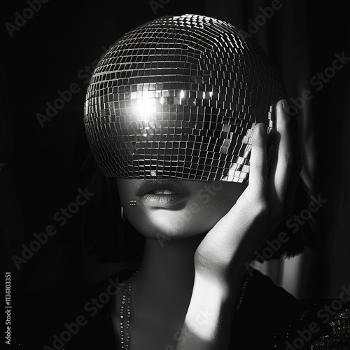 photo woman closing face by disco ball