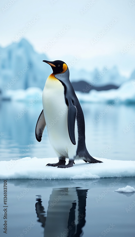 Obraz premium Lone Emperor penguin standing on ice floe with reflection in the water, showcasing wildlife in icy environment