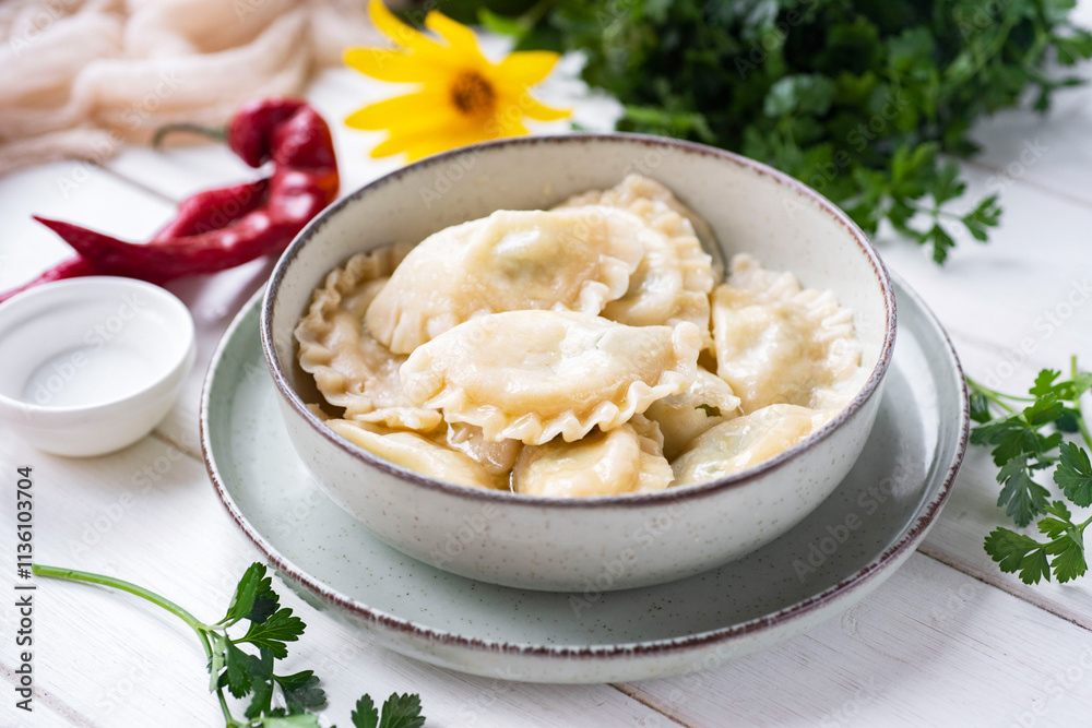Dumplings with meat in a beautiful plate on a white background. Ravioli for lunch. Close-up. Dumplings with meat in a beautiful plate on a white background. Ravioli for lunch. Close-up.