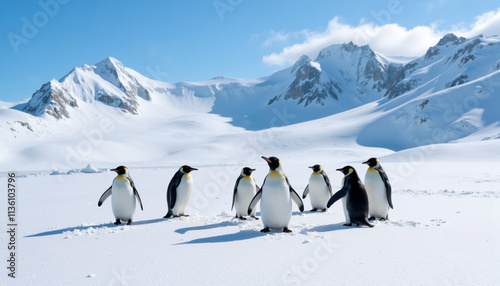 Group of Emperor penguins standing on snowy landscape in Antarctica, showcasing wildlife and icy environment