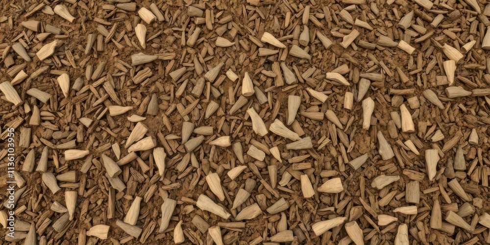 Rich brown mulch, textured surface, wood chips, decomposition, winter Rich brown mulch, textured surface, wood chips, decomposition, winter