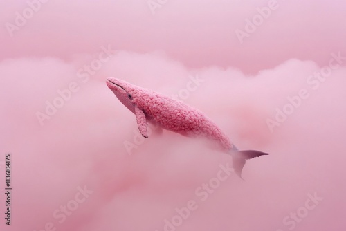 Pink whale swimming in pink sky with fluffy clouds