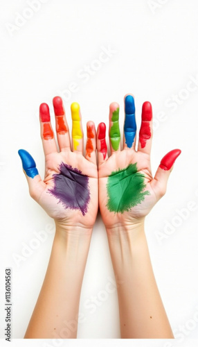 Two hands with colorful paint splashes in red, green, purple, and yellow, showing creativity on white background
