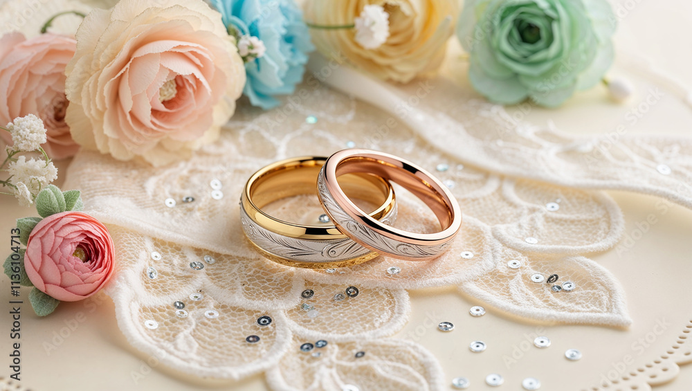 Two intertwined wedding rings, one 14-karat yellow gold and one 14-karat rose gold, adorned with intricate engravings, resting delicately on a delicate, ivory-white lace fabric with subtle sheen, amid Two intertwined wedding rings, one 14-karat yellow gold and one 14-karat rose gold, adorned with intricate engravings, resting delicately on a delicate, ivory-white lace fabric with subtle sheen, amid
