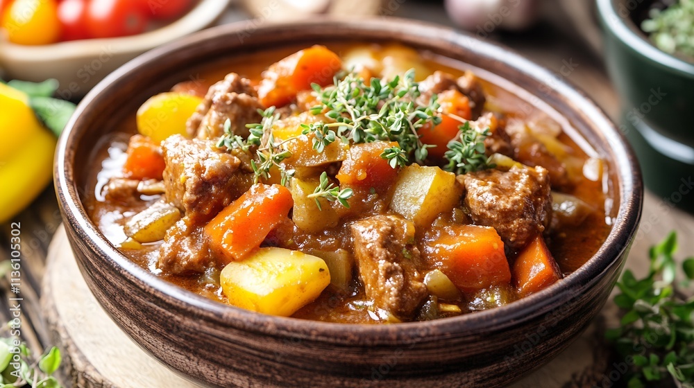 Hearty Beef Stew with Seasonal Vegetables in Rustic Bowl for Comfort Food Lovers : Generative AI Hearty Beef Stew with Seasonal Vegetables in Rustic Bowl for Comfort Food Lovers : Generative AI