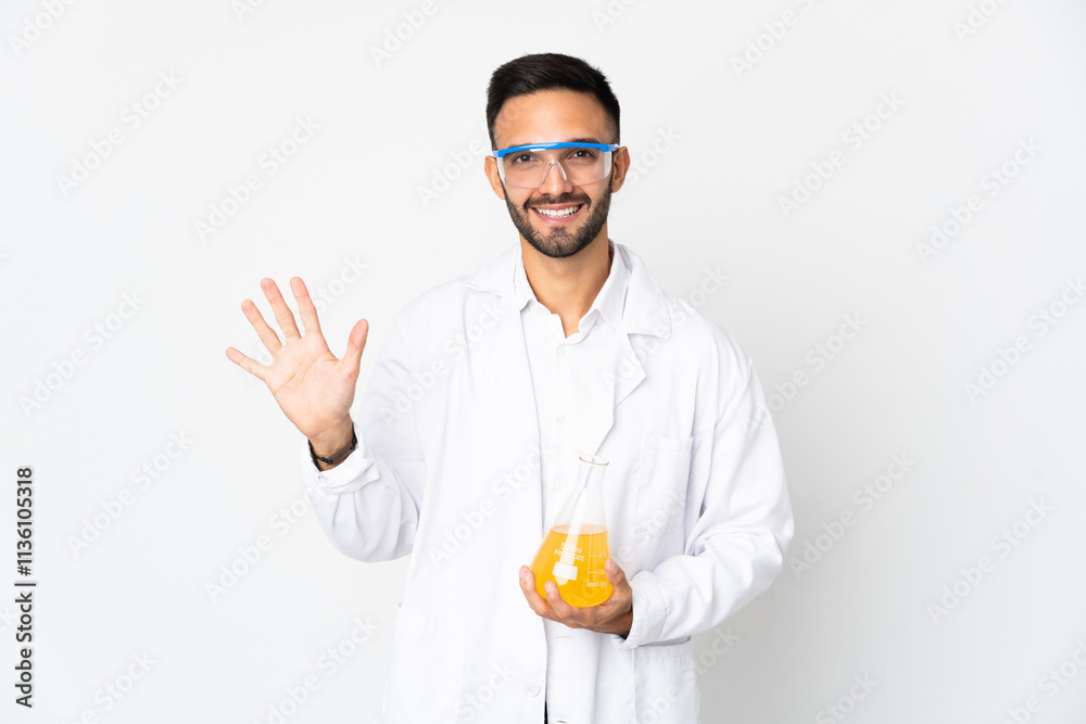 Young scientific man isolated on white background counting five with fingers Young scientific man isolated on white background counting five with fingers