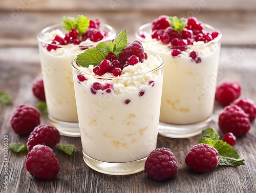 Delectable Creamy Desserts Topped with Fresh Red Raspberries in Elegant Glasses on Rustic Wooden Table : Generative AI