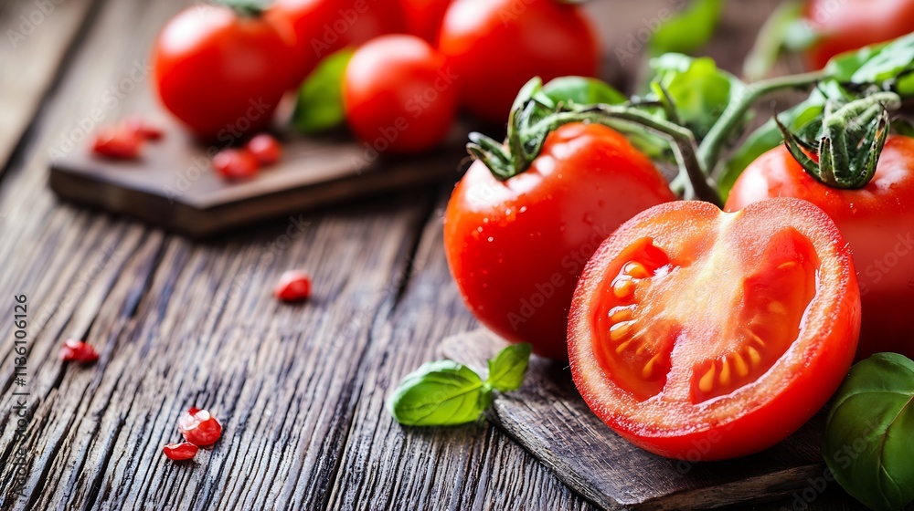 Close Up of Ripe Red Tomatoes with Fresh Basil on Rustic Wooden Cutting Board : Generative AI Close Up of Ripe Red Tomatoes with Fresh Basil on Rustic Wooden Cutting Board : Generative AI