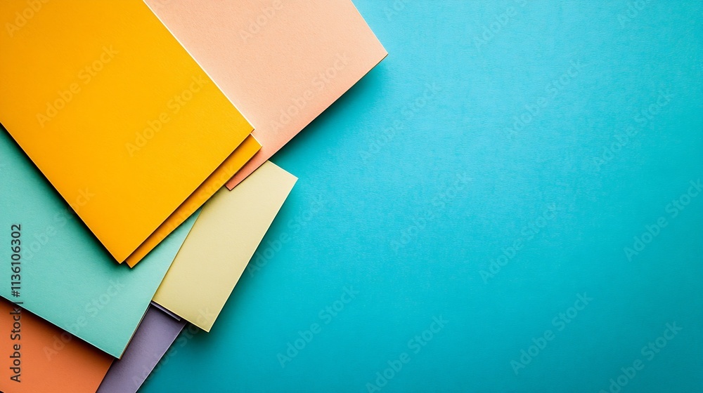 Vibrant Multicolored Paper Sheets in Abstract Geometric Arrangement on Blue Background : Generative AI Vibrant Multicolored Paper Sheets in Abstract Geometric Arrangement on Blue Background : Generative AI