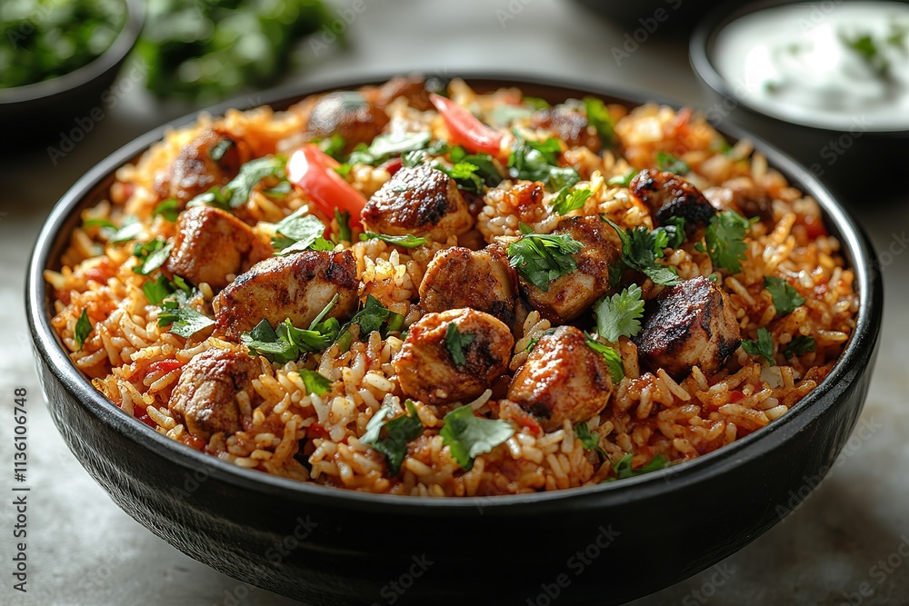 A bowl of food with meat and rice A bowl of food with meat and rice
