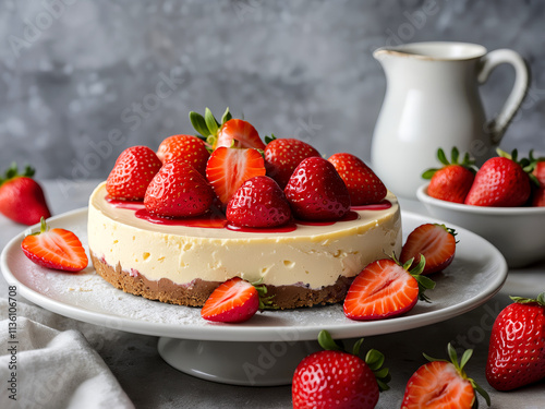 Strawberry Cheesecake Delight: A classic cheesecake, adorned with fresh, juicy strawberries, sits temptingly on a cake stand.  The soft.