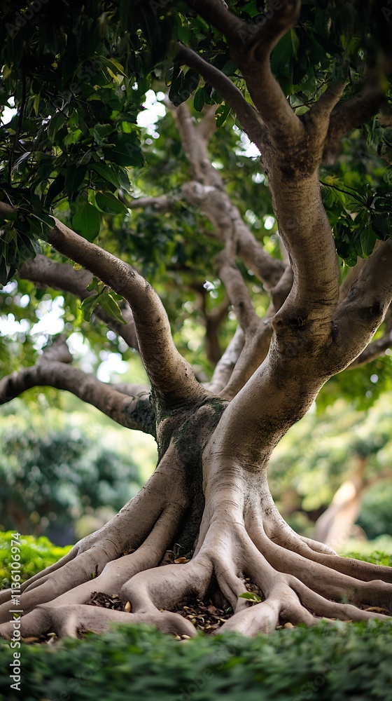 Ancient Tree with Entwined Roots in Lush Green Garden With Sunlight : Generative AI Ancient Tree with Entwined Roots in Lush Green Garden With Sunlight : Generative AI