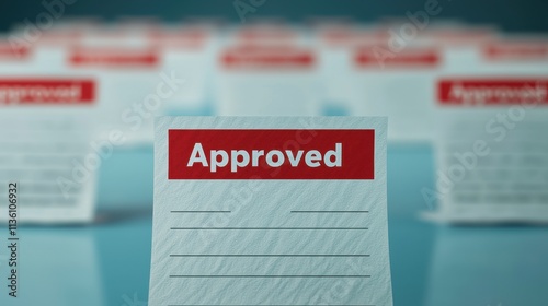 A series of approval cards is displayed, with the foremost card boldly marked 