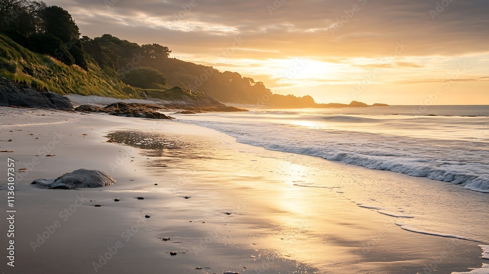 Golden Sunset Over Peaceful Beach Waves Gently Lap the Sandy Shoreline : Generative AI Golden Sunset Over Peaceful Beach Waves Gently Lap the Sandy Shoreline : Generative AI