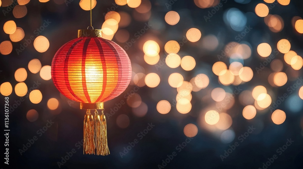 A red paper lantern glowing softly, suspended with gold tassels against a dark festive background A red paper lantern glowing softly, suspended with gold tassels against a dark festive background