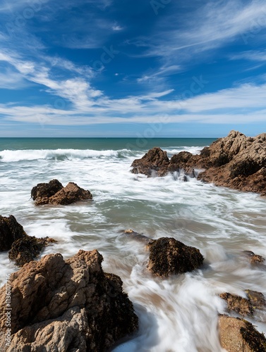 Dramatic Rocky Coastal Seascape with Blue Sky and Waves Crashing on Shore : Generative AI