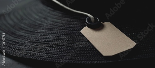 close up blank hat tag label mockup on black hat background photo