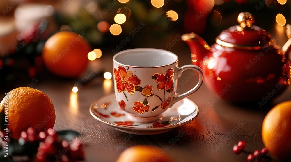 A porcelain tea set with red and gold motifs, surrounded by mandarin oranges and a subtle festive ambiance A porcelain tea set with red and gold motifs, surrounded by mandarin oranges and a subtle festive ambiance