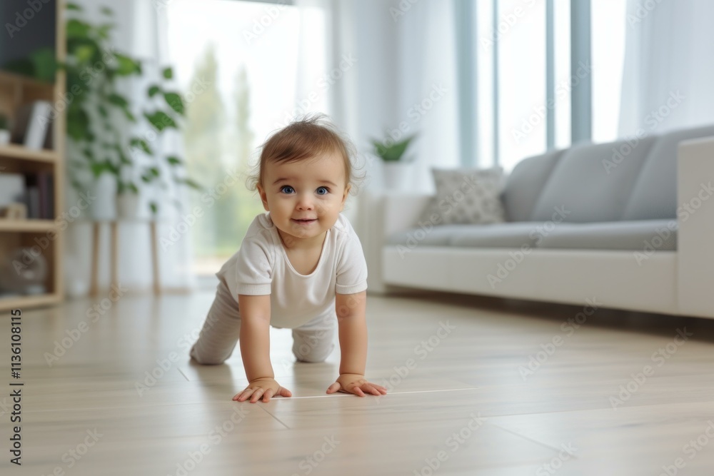 Smiling baby girl crawling on the floor in a modern living room Smiling baby girl crawling on the floor in a modern living room