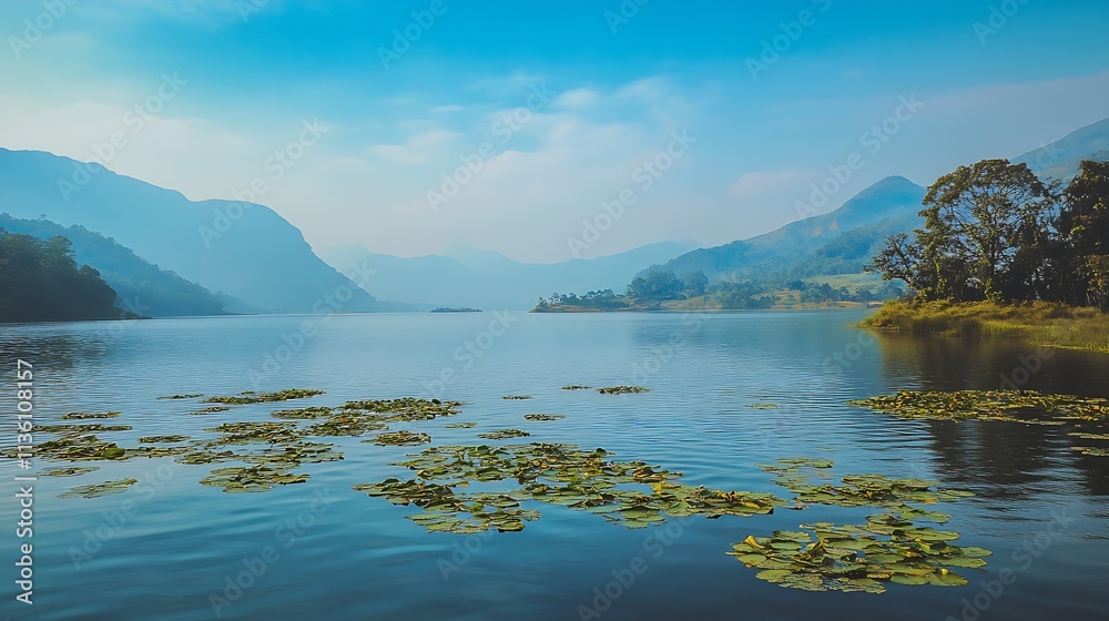 Obraz premium Tranquil Mountain Lake with Lush Vegetation and Serene Atmosphere Under a Clear Blue Sky : Generative AI