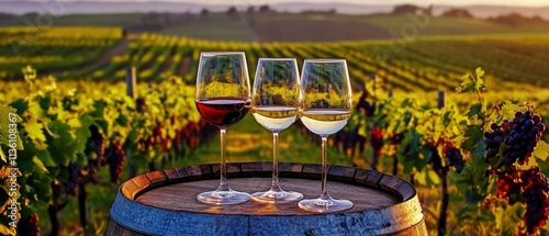 Wallpaper Mural Three Glasses of Wine Resting on a Barrel in a Vineyard at Sunset Torontodigital.ca