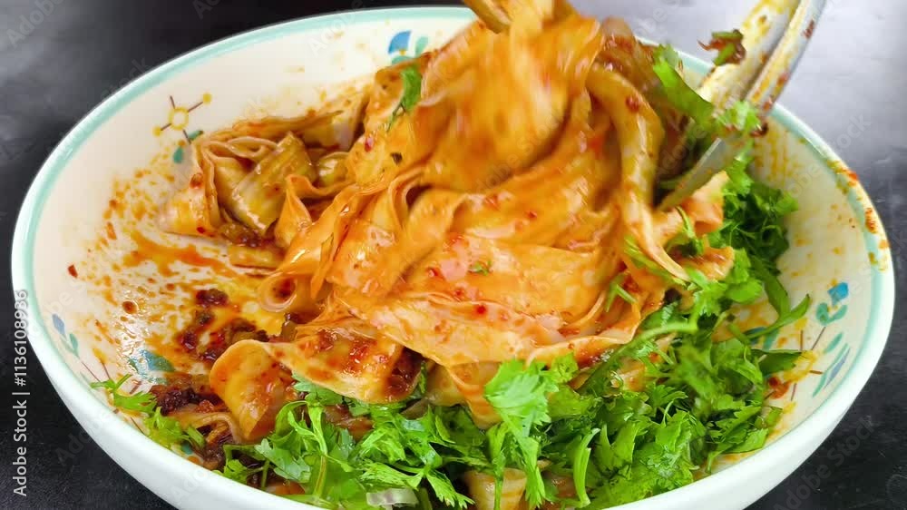 Cooking Sichun spicy noodles in bowl, in door Chiangmai Thailand. Cooking Sichun spicy noodles in bowl, in door Chiangmai Thailand.