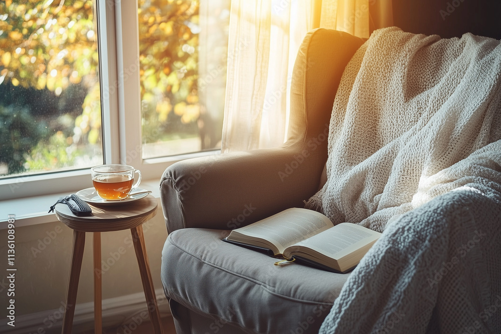 Cozy reading nook with a cup of tea by a window Cozy reading nook with a cup of tea by a window