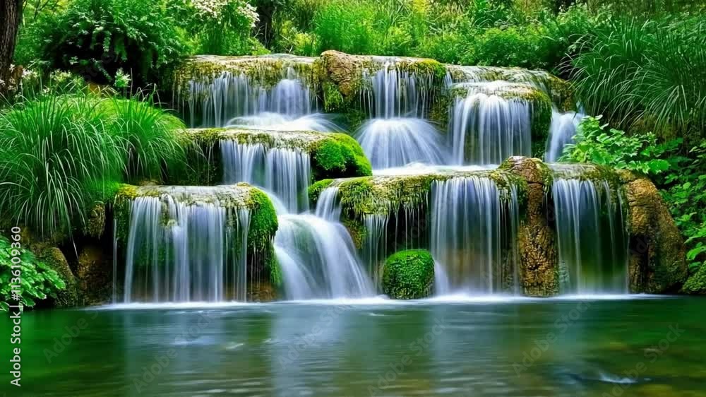 Serene Waterfall Cascades Over Moss Covered Rocks in Tranquil Landscape Surrounded by Lush Greenery and Flowing Water, Creating Perfect Nature Scene. Serene Waterfall Cascades Over Moss Covered Rocks in Tranquil Landscape Surrounded by Lush Greenery and Flowing Water, Creating Perfect Nature Scene.